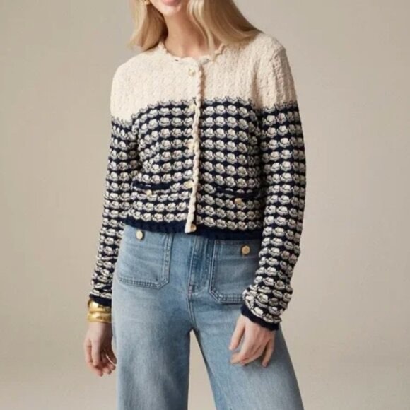 J. Crew Sweaters - J. Crew Textured Crochet Lady Jacket Button Moroccan Sand Navy Size Small